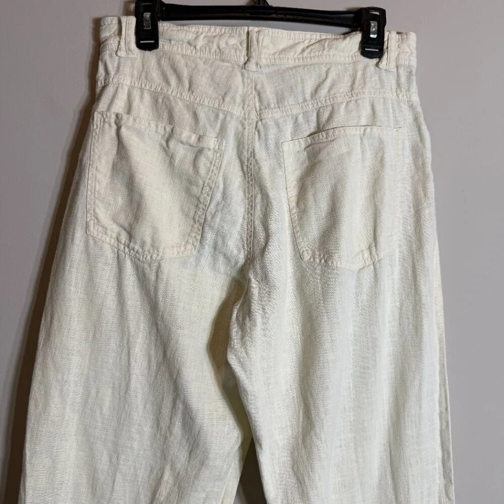 Zara Linen Straight Leg Pants Womens 31 Ivory Lagenlook Minimalist Beach Coastal